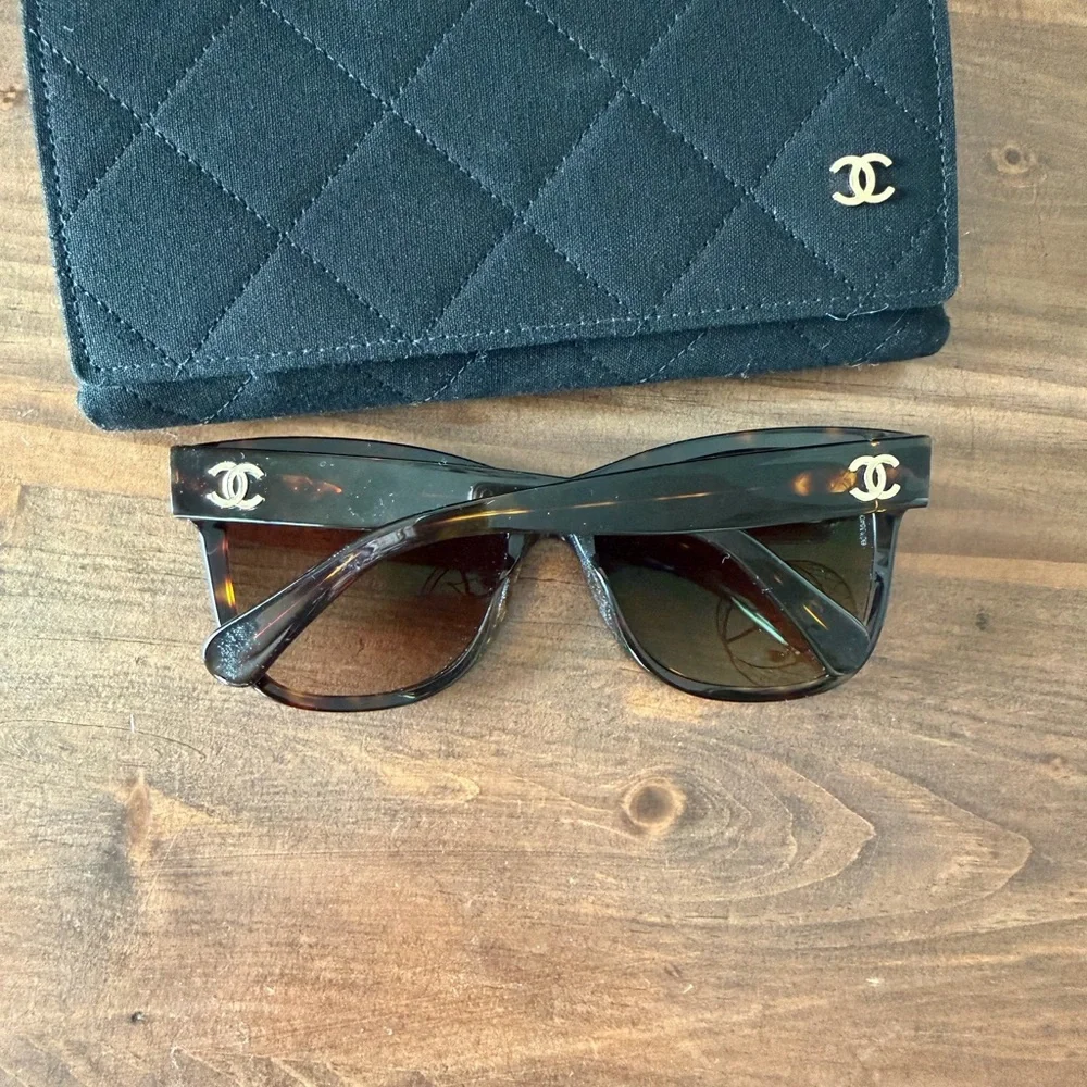 CHANEL Dark Tortoise Sunglasses with Gold Logo Accent